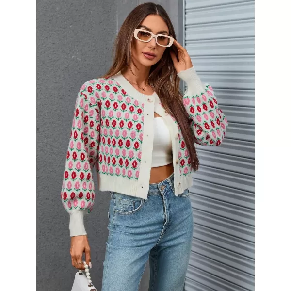 WDIRARA Women's Floral Button Down Ribbed Knit Crew Neck Cropped Cardigan Sweater