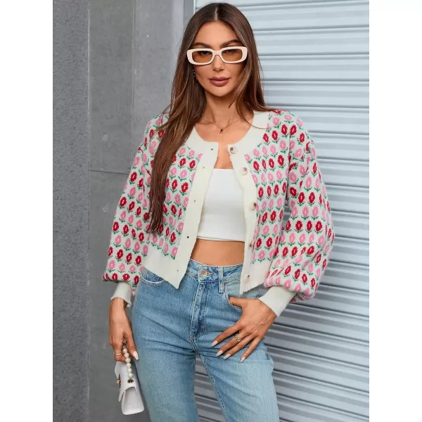 WDIRARA Women's Floral Button Down Ribbed Knit Crew Neck Cropped Cardigan Sweater