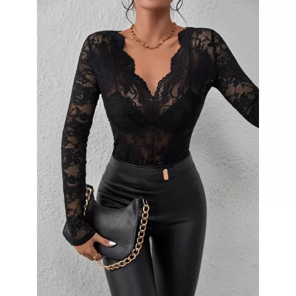 WDIRARA Women's Floral Embroidery Mesh Lace Round Neck Long Sleeve Top
