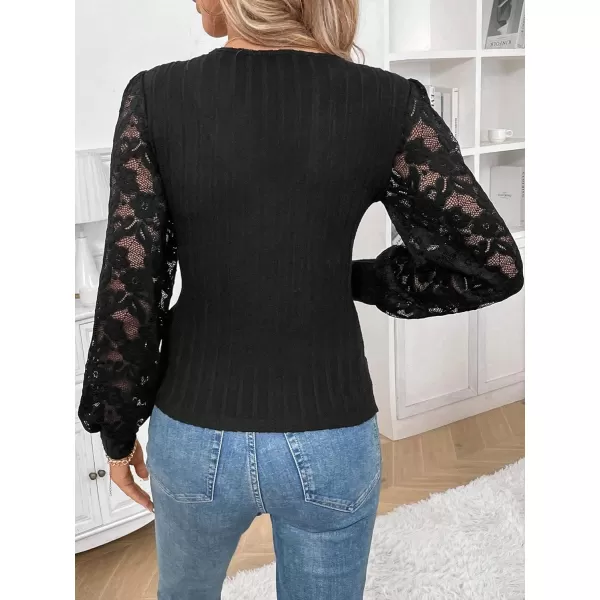 WDIRARA Women's Floral Embroidery Mesh Lace Round Neck Long Sleeve Top