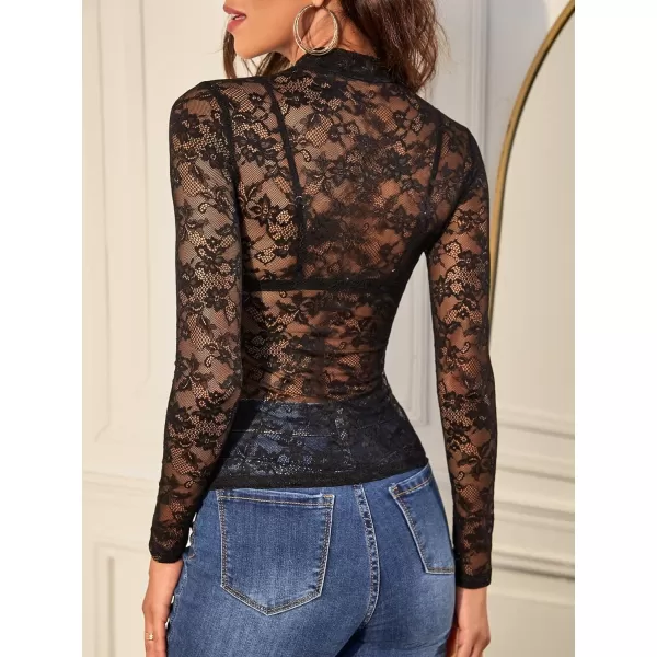 WDIRARA Women's Floral Embroidery Mesh Lace Round Neck Long Sleeve Top