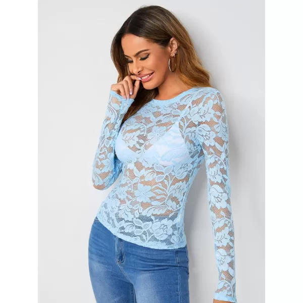WDIRARA Women's Floral Embroidery Mesh Lace Round Neck Long Sleeve Top