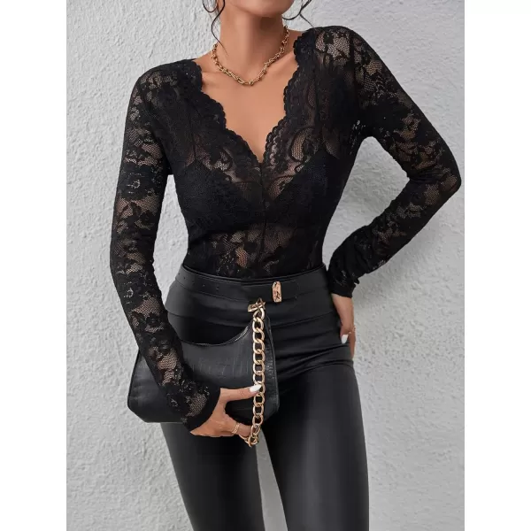 WDIRARA Women's Floral Embroidery Mesh Lace Round Neck Long Sleeve Top