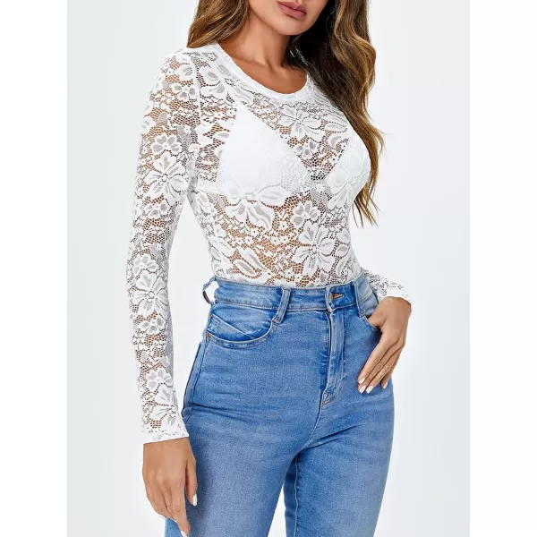 WDIRARA Women's Floral Embroidery Mesh Lace Round Neck Long Sleeve Top