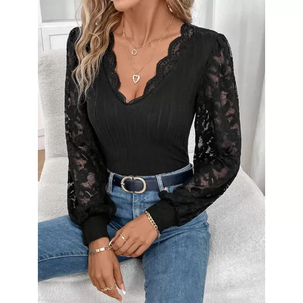WDIRARA Women's Floral Embroidery Mesh Lace Round Neck Long Sleeve Top