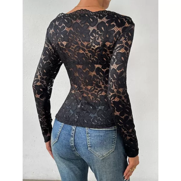 WDIRARA Women's Floral Embroidery Mesh Lace Round Neck Long Sleeve Top