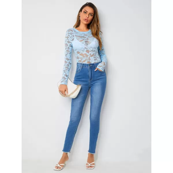 WDIRARA Women's Floral Embroidery Mesh Lace Round Neck Long Sleeve Top