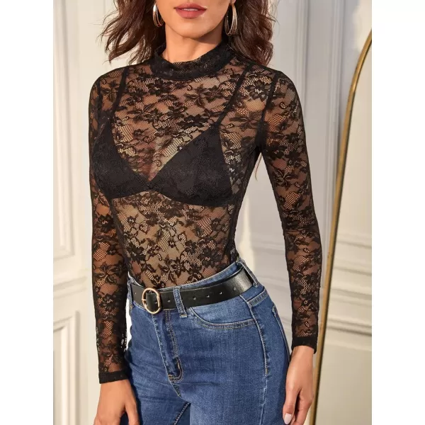 WDIRARA Women's Floral Embroidery Mesh Lace Round Neck Long Sleeve Top
