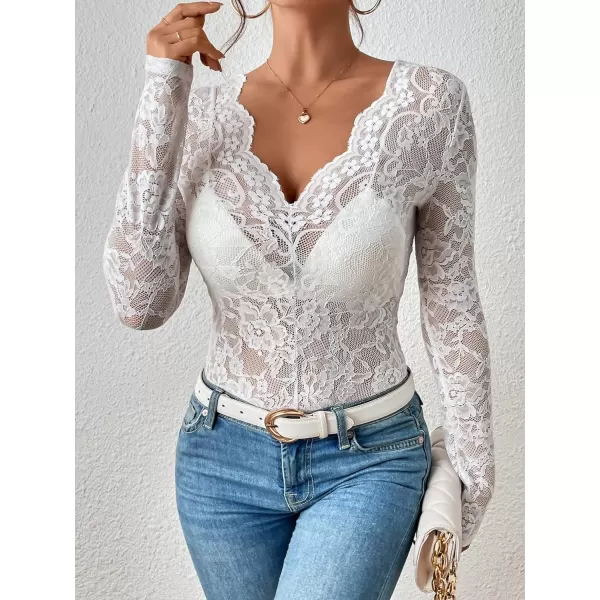 WDIRARA Women's Floral Embroidery Mesh Lace Round Neck Long Sleeve Top
