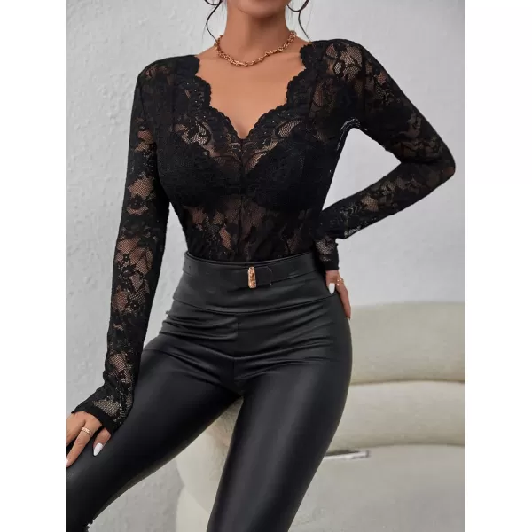 WDIRARA Women's Floral Embroidery Mesh Lace Round Neck Long Sleeve Top