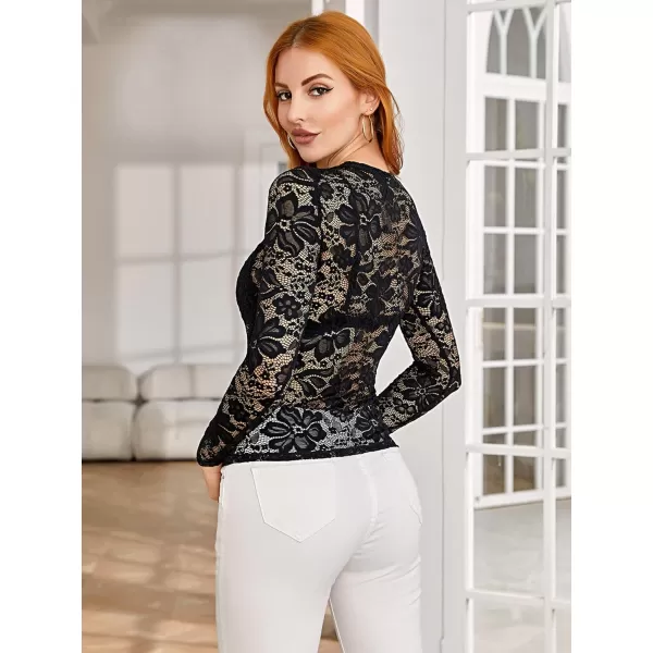 WDIRARA Women's Floral Embroidery Mesh Lace Round Neck Long Sleeve Top
