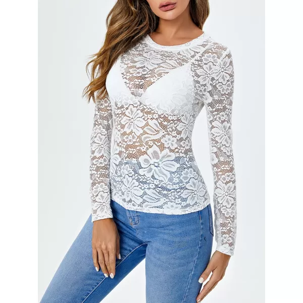 WDIRARA Women's Floral Embroidery Mesh Lace Round Neck Long Sleeve Top