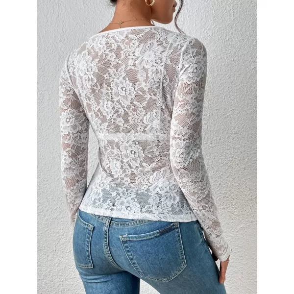 WDIRARA Women's Floral Embroidery Mesh Lace Round Neck Long Sleeve Top