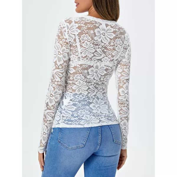 WDIRARA Women's Floral Embroidery Mesh Lace Round Neck Long Sleeve Top