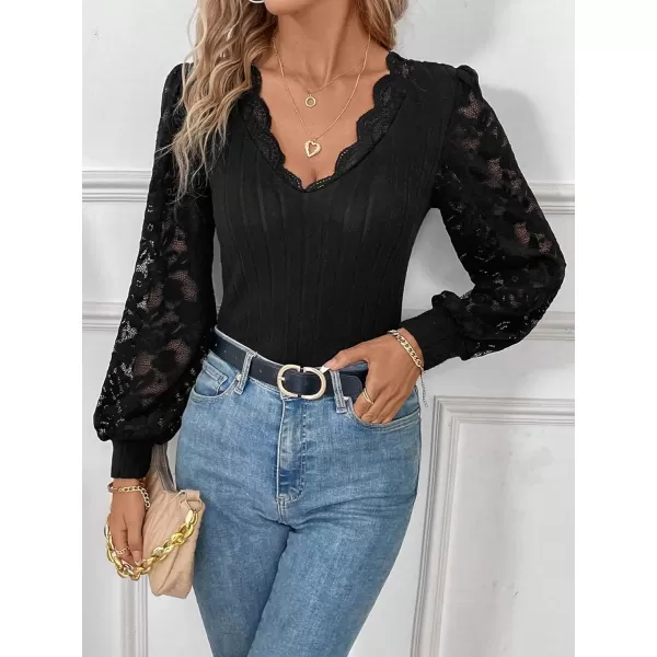 WDIRARA Women's Floral Embroidery Mesh Lace Round Neck Long Sleeve Top