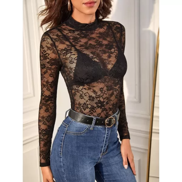 WDIRARA Women's Floral Embroidery Mesh Lace Round Neck Long Sleeve Top