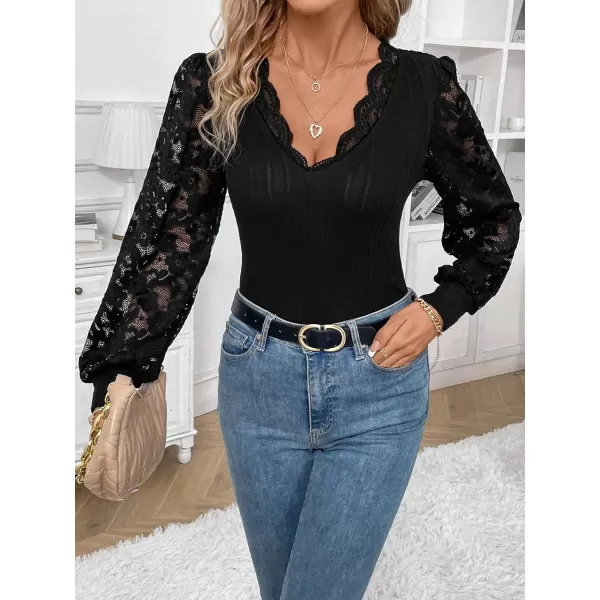 WDIRARA Women's Floral Embroidery Mesh Lace Round Neck Long Sleeve Top
