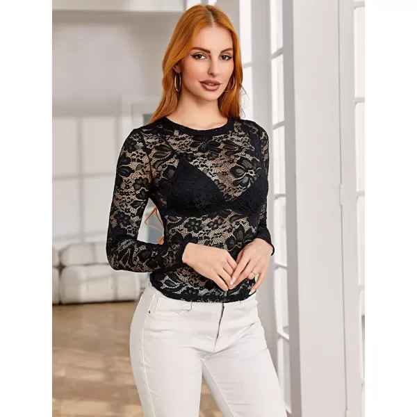 WDIRARA Women's Floral Embroidery Mesh Lace Round Neck Long Sleeve Top