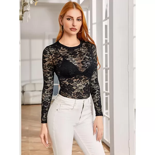 WDIRARA Women's Floral Embroidery Mesh Lace Round Neck Long Sleeve Top