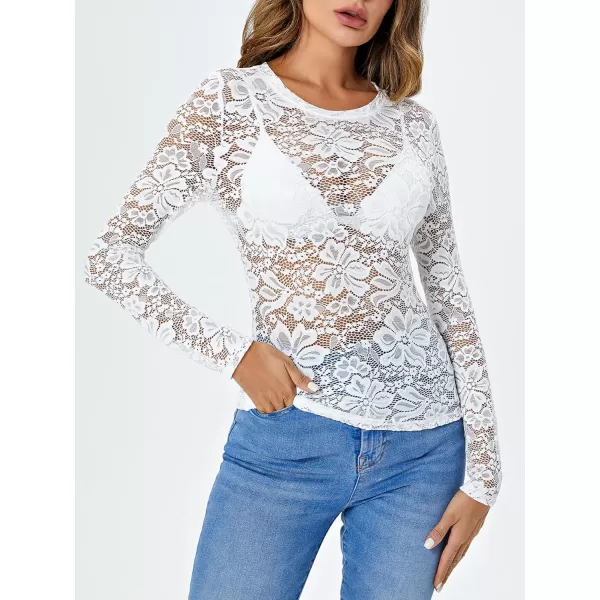WDIRARA Women's Floral Embroidery Mesh Lace Round Neck Long Sleeve Top