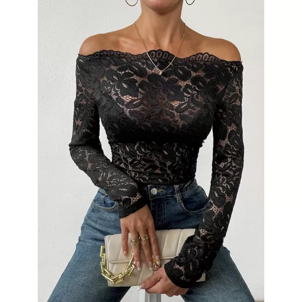WDIRARA Women's Floral Embroidery Mesh Lace Round Neck Long Sleeve Top