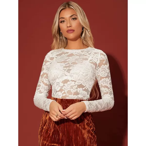 WDIRARA Women's Floral Embroidery Mesh Lace Round Neck Long Sleeve Top