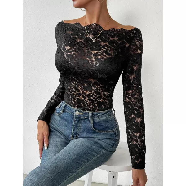 WDIRARA Women's Floral Embroidery Mesh Lace Round Neck Long Sleeve Top