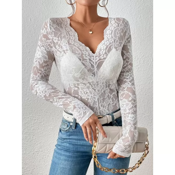 WDIRARA Women's Floral Embroidery Mesh Lace Round Neck Long Sleeve Top