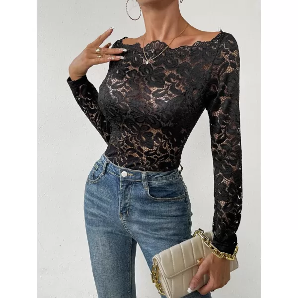 WDIRARA Women's Floral Embroidery Mesh Lace Round Neck Long Sleeve Top