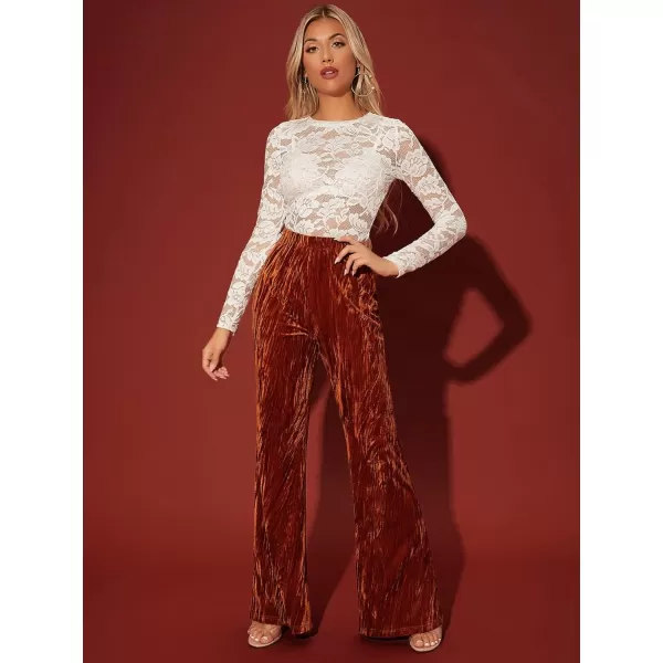 WDIRARA Women's Floral Embroidery Mesh Lace Round Neck Long Sleeve Top