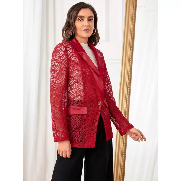 WDIRARA Women's Floral Lace Mesh One Button Lapel Neck Long Sleeve Elegant Jacket Blazer