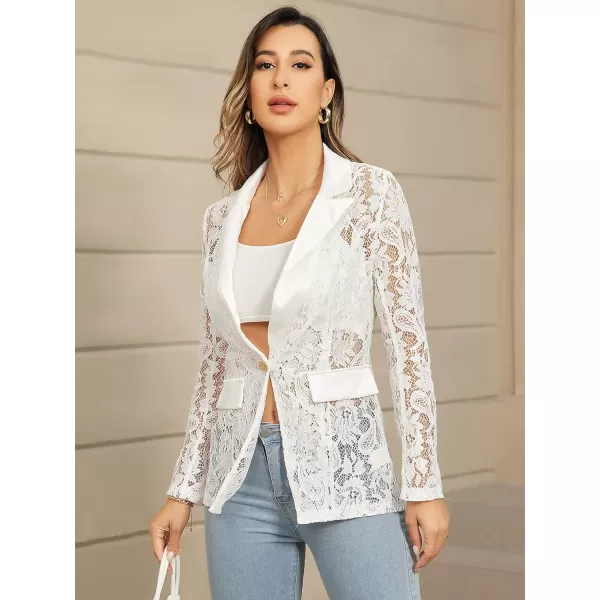 WDIRARA Women's Floral Lace Mesh One Button Lapel Neck Long Sleeve Elegant Jacket Blazer