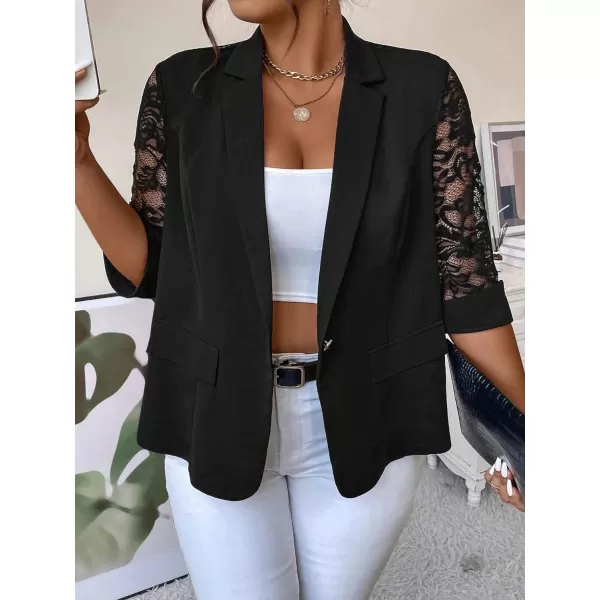 WDIRARA Women's Floral Lace Mesh One Button Lapel Neck Long Sleeve Elegant Jacket Blazer