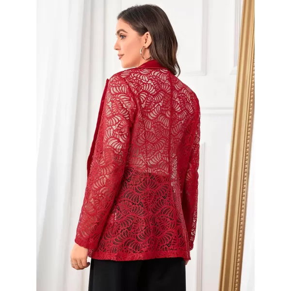 WDIRARA Women's Floral Lace Mesh One Button Lapel Neck Long Sleeve Elegant Jacket Blazer