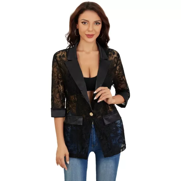 WDIRARA Women's Floral Lace Mesh One Button Lapel Neck Long Sleeve Elegant Jacket Blazer