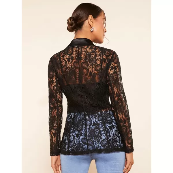 WDIRARA Women's Floral Lace Mesh One Button Lapel Neck Long Sleeve Elegant Jacket Blazer