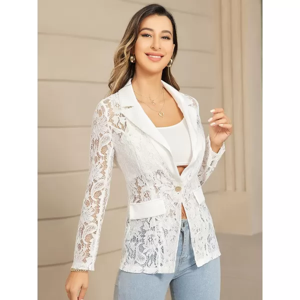WDIRARA Women's Floral Lace Mesh One Button Lapel Neck Long Sleeve Elegant Jacket Blazer