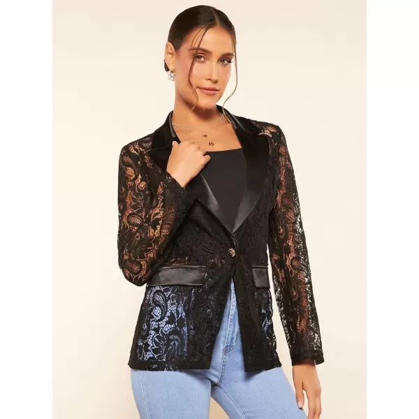 WDIRARA Women's Floral Lace Mesh One Button Lapel Neck Long Sleeve Elegant Jacket Blazer