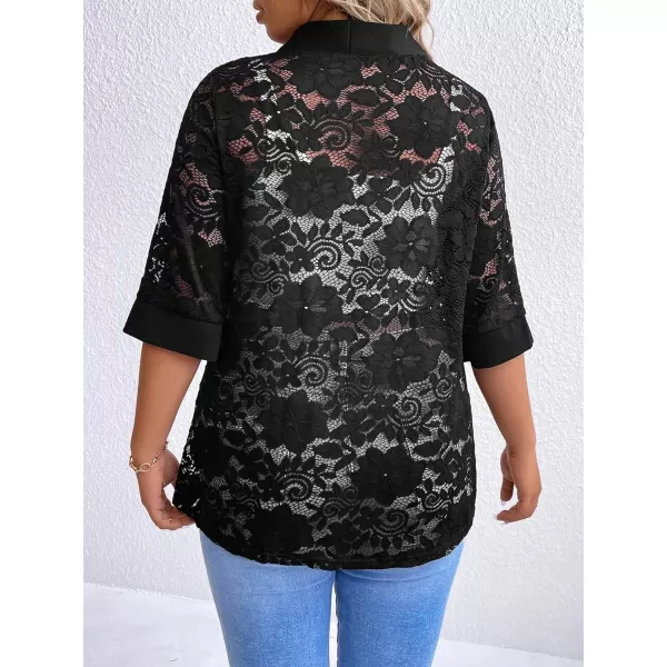 WDIRARA Women's Floral Lace Mesh One Button Lapel Neck Long Sleeve Elegant Jacket Blazer