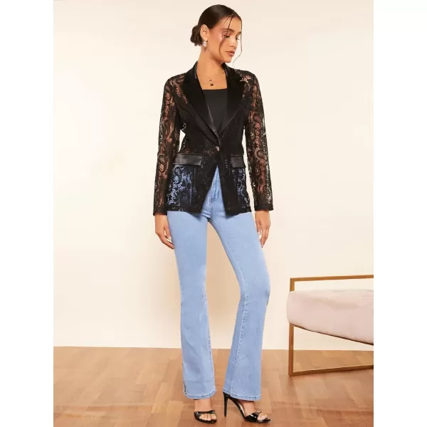 WDIRARA Women's Floral Lace Mesh One Button Lapel Neck Long Sleeve Elegant Jacket Blazer