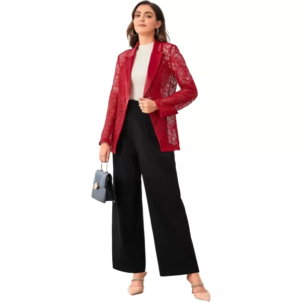 WDIRARA Women's Floral Lace Mesh One Button Lapel Neck Long Sleeve Elegant Jacket Blazer