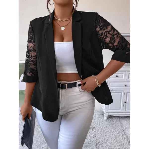 WDIRARA Women's Floral Lace Mesh One Button Lapel Neck Long Sleeve Elegant Jacket Blazer