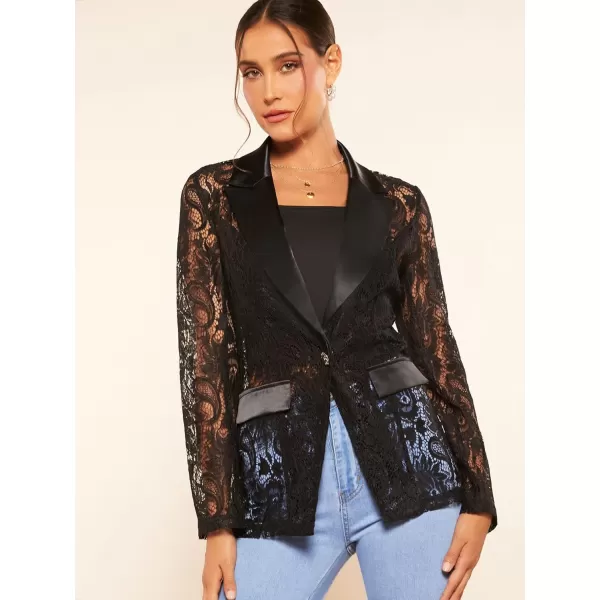 WDIRARA Women's Floral Lace Mesh One Button Lapel Neck Long Sleeve Elegant Jacket Blazer