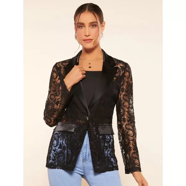 WDIRARA Women's Floral Lace Mesh One Button Lapel Neck Long Sleeve Elegant Jacket Blazer