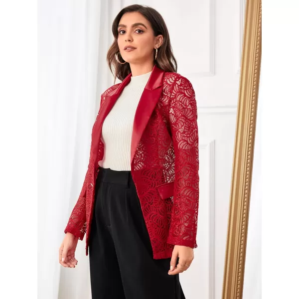 WDIRARA Women's Floral Lace Mesh One Button Lapel Neck Long Sleeve Elegant Jacket Blazer