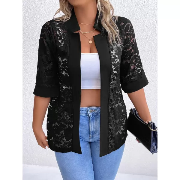 WDIRARA Women's Floral Lace Mesh One Button Lapel Neck Long Sleeve Elegant Jacket Blazer