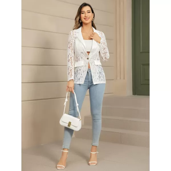 WDIRARA Women's Floral Lace Mesh One Button Lapel Neck Long Sleeve Elegant Jacket Blazer