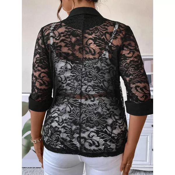 WDIRARA Women's Floral Lace Mesh One Button Lapel Neck Long Sleeve Elegant Jacket Blazer