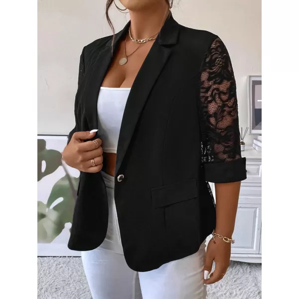 WDIRARA Women's Floral Lace Mesh One Button Lapel Neck Long Sleeve Elegant Jacket Blazer