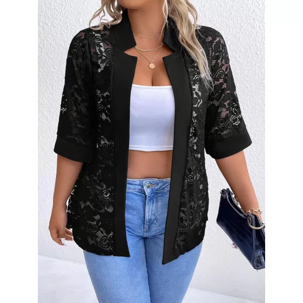 WDIRARA Women's Floral Lace Mesh One Button Lapel Neck Long Sleeve Elegant Jacket Blazer